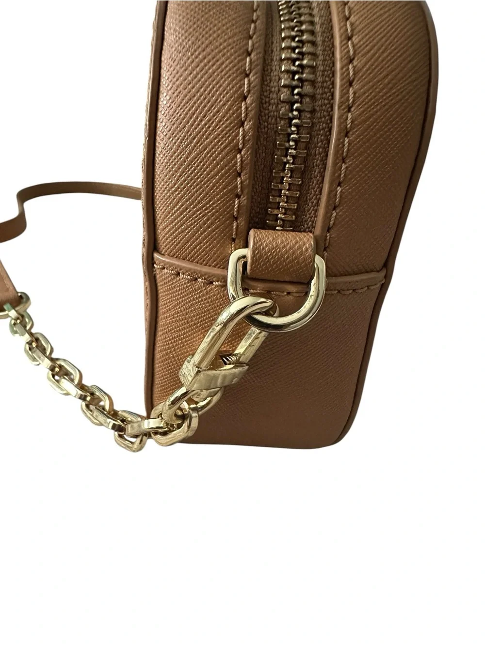 Tory Burch Tan Leather Crossbody Camera Bag with Gold Chain